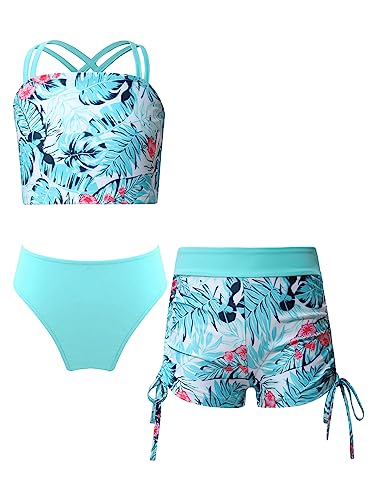 Hansber Mädchen Bikini Tankini Set Tank Top+Shorts + Slips Dreiteiler Badeanzug Bademode Kinder Badebekleidungsset Sport Set Gr.122-176 See Grün 158-164 von Hansber