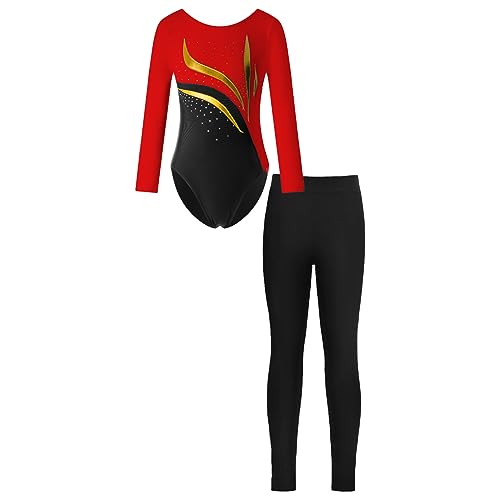 Hansber Mädchen Glänzende Turnanzug Gymnastikanzug Ballett Langarm Gymnastikbody Mit Hose Wettkampf Tanzbekleidung Rot schwarz 134-140 von Hansber