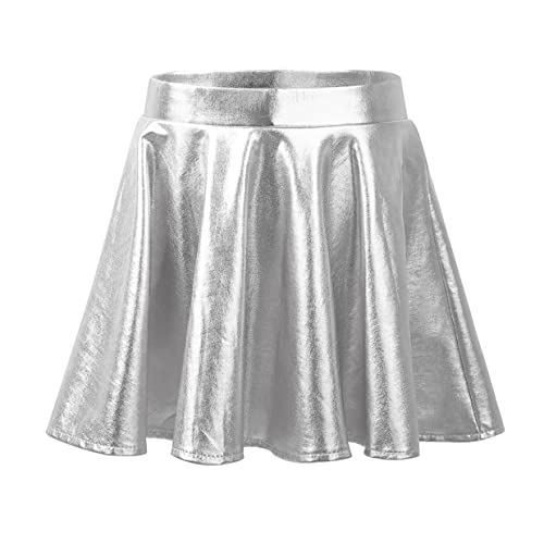 Hansber Mädchen Kinder Metallic Rock High Waist Faltenrock Mini Sportrock Skort mit Shorts Glänzend Eiskunstlauf Bekleidung Silber 110-116 von Hansber