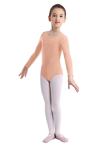 Hansber Mädchen Turnbody Langarmbody Kinder Rundhals Gymnastikbody Langarm Shirt Kinder Sportbekleidung Gymnastikanzug Sport Ballett Apricot 116 von Hansber