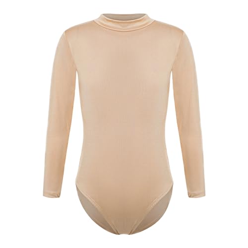 Hansber Mädchen Turnbody Langarmbody Kinder Rundhals Gymnastikbody Langarm Shirt Kinder Sportbekleidung Gymnastikanzug Sport Ballett Creme Mock Neck 128 von Hansber