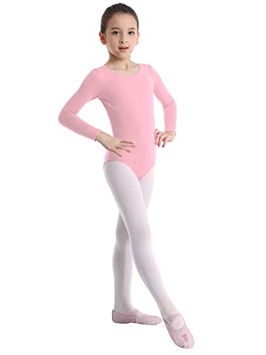 Hansber Mädchen Turnbody Langarmbody Kinder Rundhals Gymnastikbody Langarm Shirt Kinder Sportbekleidung Gymnastikanzug Sport Ballett Rosa 128 von Hansber