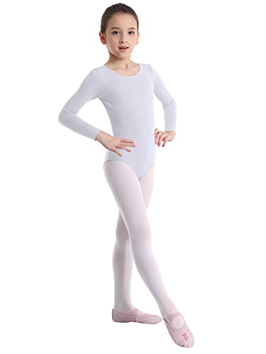 Hansber Mädchen Turnbody Langarmbody Kinder Rundhals Gymnastikbody Langarm Shirt Kinder Sportbekleidung Gymnastikanzug Sport Ballett Weiss 140 von Hansber