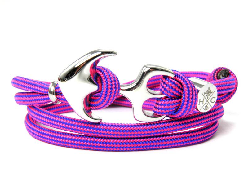Edelstahl Anker Armband-Wickelarmband-Verstellbar-Surfer Armband-Aus Us Paracord Iii-Unisex-Neon Pink & Electric Blue Stripes von HanseCharms
