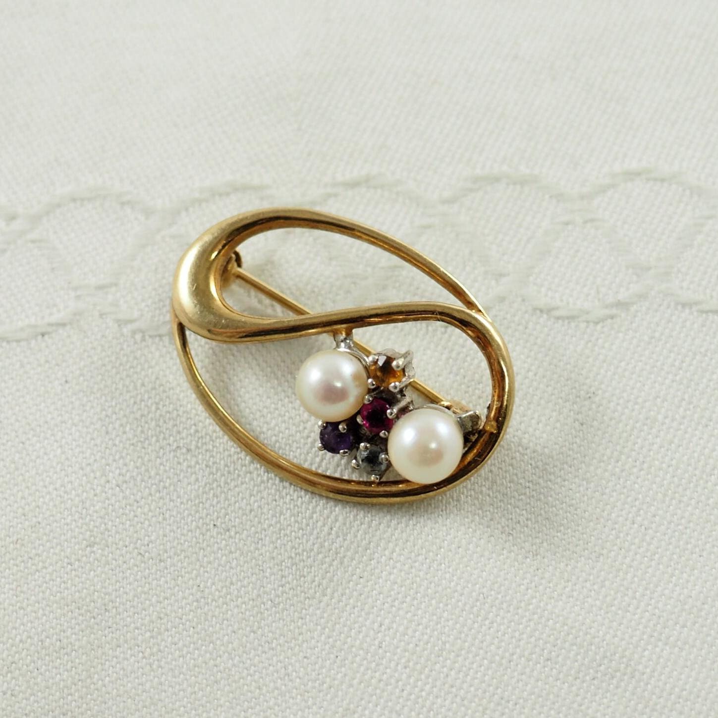 Art Déco 8Kt Gold Brosche Perle, Rubin, Citrin, Aquamarin, Amethyst, Deutschland 1920Er Jahre von HanseaticJewels