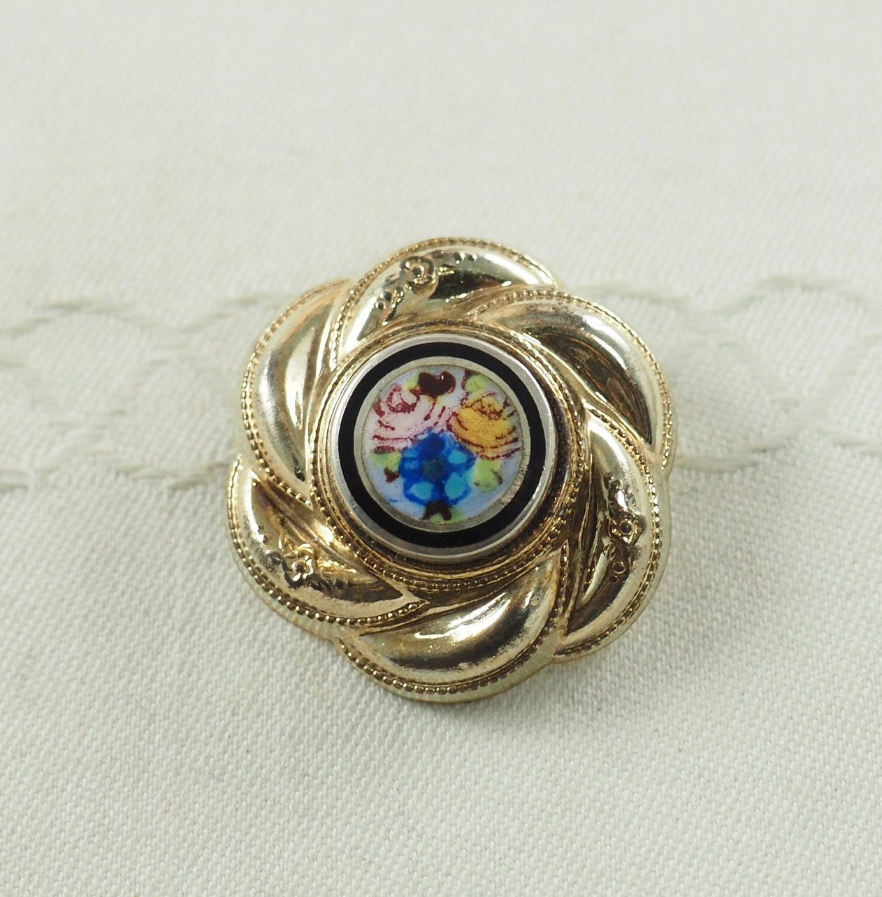 Edwardian Gold Filled Love Knot Brosche Emaille Vergissmeinnicht, 1910 Deutschland von HanseaticJewels