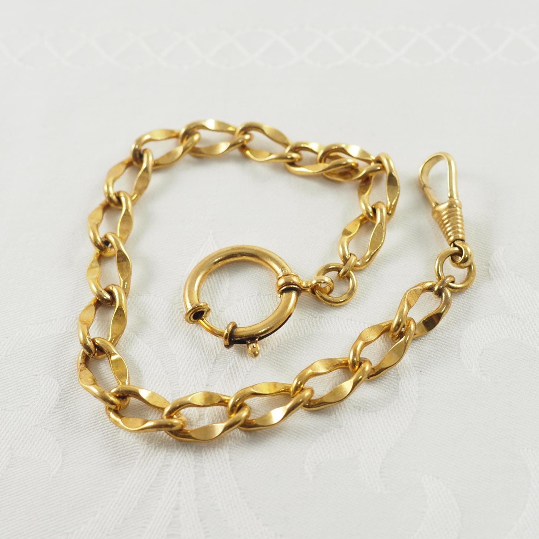 Edwardian Uhrenkette, Gold Filled, Gelbton, Bolzenring Und Hundeclip, Deutschland 1910 von HanseaticJewels