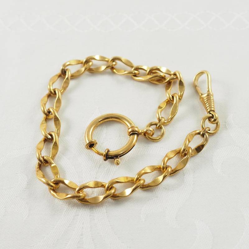 Edwardian Uhrenkette, Gold Filled, Gelbton, Bolzenring Und Hundeclip, Deutschland 1910 von HanseaticJewels