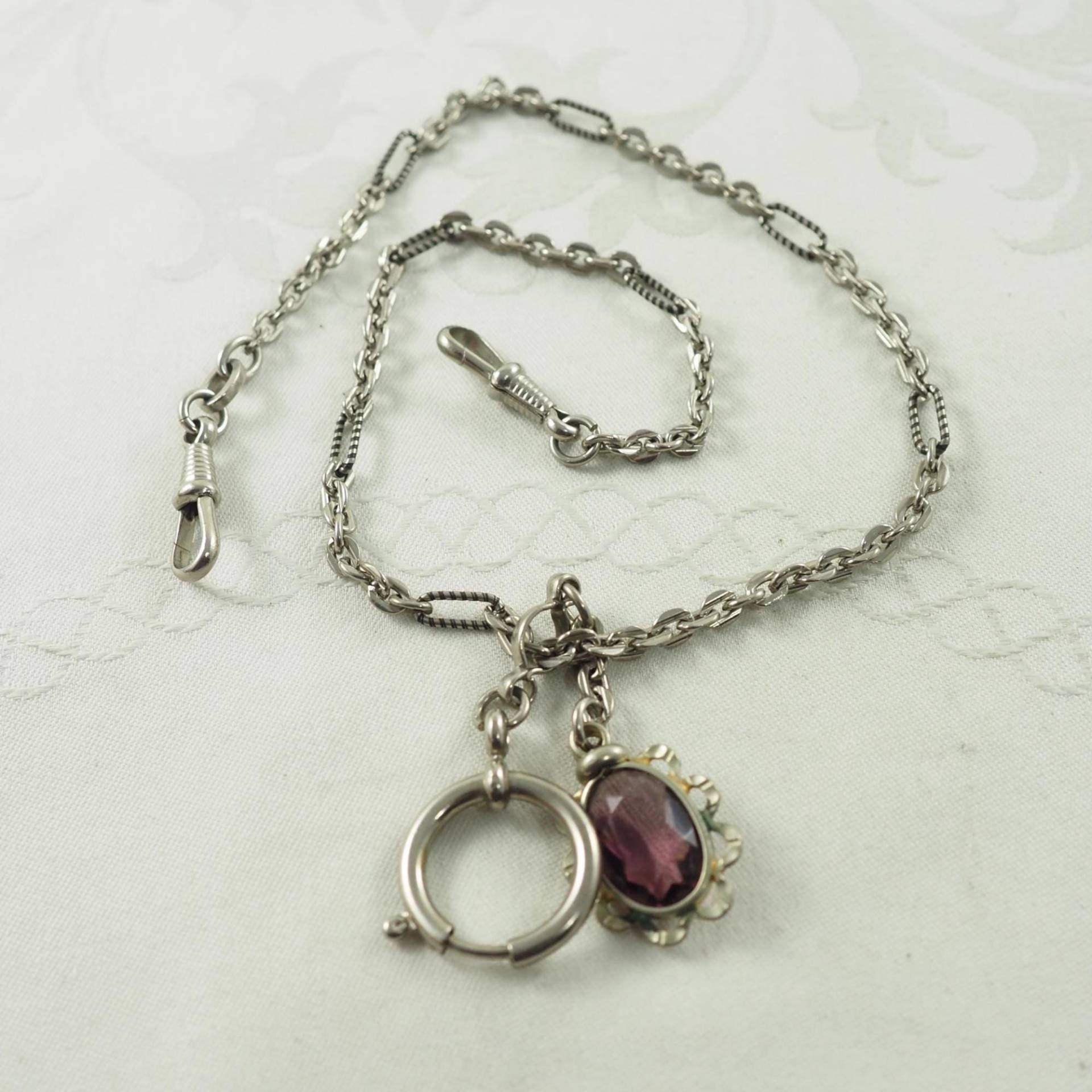 Versilberte Art Deco Ketten-Halskette, Kugelkette/Amethyst Glasanhänger, 1930Er Jahre von HanseaticJewels