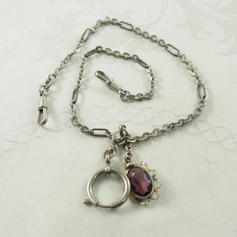 Versilberte Art Deco Ketten-Halskette, Kugelkette/Amethyst Glasanhänger, 1930Er Jahre von HanseaticJewels