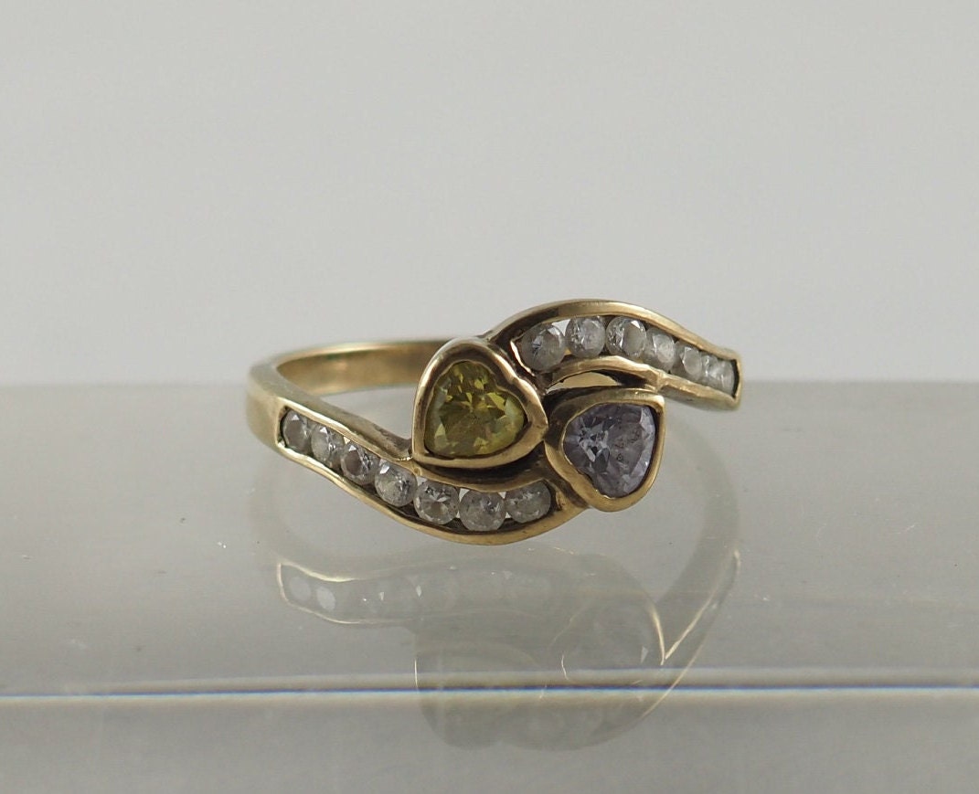 Vintage 1980S 8K Gold Herz Cross Over Ring, Amethyst, Citrin, Zirkonia, Ringgröße Usa 9, 1, Uk S, Germany 60 von HanseaticJewels