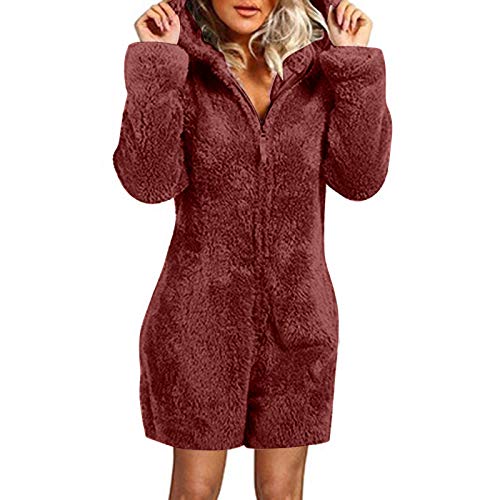 Schlafanzug Damen Jumpsuit Plüsch Loungewear Einteiler Fleece Pyjamas Winter Warm Faultier Kostüm Onesie Teddy Hausanzug Süße Tier Nachthemd mit Kapuze Weich Langarm Kurze Hooded Overall von Hansee