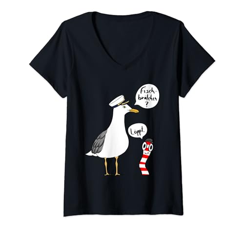 Damen Moin Löppt Spruch Möwe Lustig Geschenk Norden Fischbrötchen T-Shirt mit V-Ausschnitt Damen Moin Löppt Spruch Möwe Lustig Geschenk Norden Fischbrötchen T-Shirt mit V-Ausschnitt von Hansestadt Nordsee Ostsee Meer Nordlicht Digga
