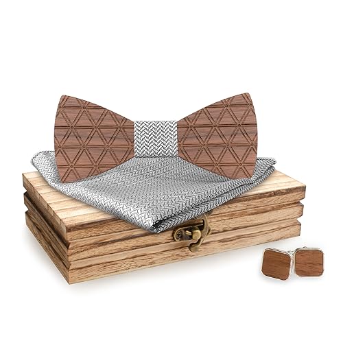 Hanstar Herren Holz Fliege Classic mit passendem Einstecktuch, Männer Manschettenknöpfe Holzfliege Set für Hochzeit Party von Hanstar