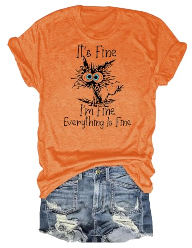 Damen-T-Shirts mit Aufschrift "I'm Fine Everything is Fine", kurzärmelig, Sprüche, übergroß, lässig, niedlich, Katze, Grafik-T-Shirt, Bluse, Tops, 00 Orange, Mittel Damen-T-Shirts mit Aufschrift "I'm Fine Everything is Fine", kurzärmelig, Sprüche, übergroß, lässig, niedlich, Katze, Grafik-T-Shirt, Bluse, Tops, 00 Orange, Mittel von Hantaostyle