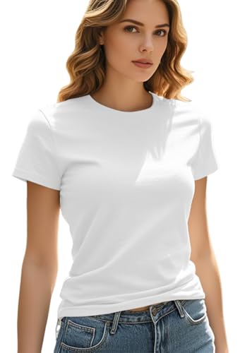 Hantaostyle Damen-T-Shirt, einfarbig, lässig, Sommer, kurzärmelig, Rundhalsausschnitt, locker, lässig, Basic-T-Shirt, Bluse, 0weiß, Klein Hantaostyle Damen-T-Shirt, einfarbig, lässig, Sommer, kurzärmelig, Rundhalsausschnitt, locker, lässig, Basic-T-Shirt, Bluse, 0weiß, Klein von Hantaostyle