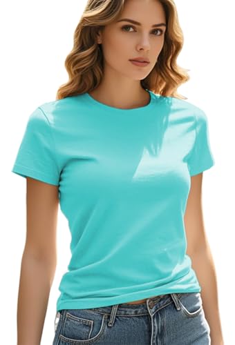 Hantaostyle Damen-T-Shirt, einfarbig, lässig, Sommer, kurzärmelig, Rundhalsausschnitt, locker, lässig, Basic-T-Shirt, Bluse, Aquamarin, Klein Hantaostyle Damen-T-Shirt, einfarbig, lässig, Sommer, kurzärmelig, Rundhalsausschnitt, locker, lässig, Basic-T-Shirt, Bluse, Aquamarin, Klein von Hantaostyle