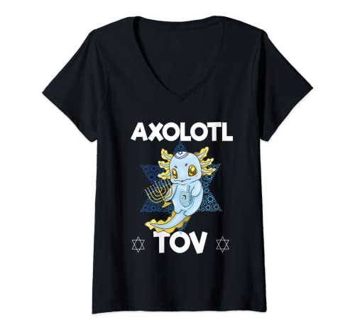 Damen Mazel Tov Axolotl mit Dreidel Menora Herren Damen Hanukkah T-Shirt mit V-Ausschnitt Damen Mazel Tov Axolotl mit Dreidel Menora Herren Damen Hanukkah T-Shirt mit V-Ausschnitt von Hanukkah Axolotl for Jewish Chanukah Holiday