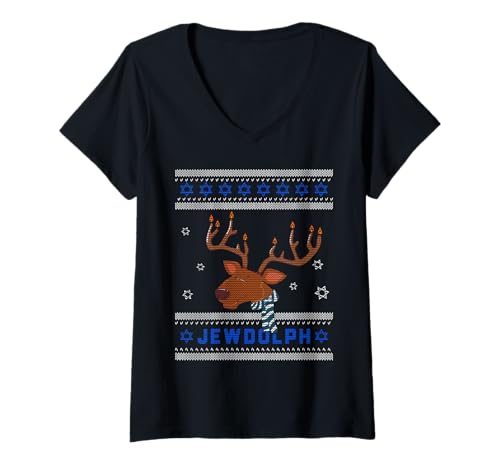Damen Chanukka Jewdolph Chanukah Rentier Menora Hirsch Jude T-Shirt mit V-Ausschnitt Damen Chanukka Jewdolph Chanukah Rentier Menora Hirsch Jude T-Shirt mit V-Ausschnitt von Hanukkah Gifts Jew Chanukah Shirts