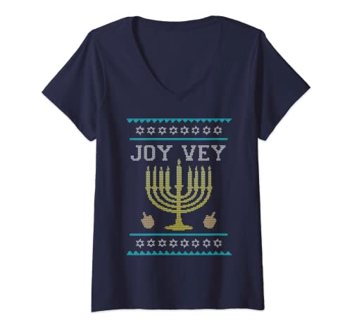 Damen Ugly Hanukkah Sweater Joy Vey Menora T-Shirt mit V-Ausschnitt Damen Ugly Hanukkah Sweater Joy Vey Menora T-Shirt mit V-Ausschnitt von Hanukkah Humor Tees