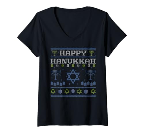 Damen Happy Chanukkah Menora jüdischer Feiertag hässliche Weihnachten T-Shirt mit V-Ausschnitt Damen Happy Chanukkah Menora jüdischer Feiertag hässliche Weihnachten T-Shirt mit V-Ausschnitt von Hanukkah Ugly Christmas December Gift For Jews