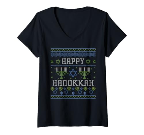 Damen Happy Chanukkah Menora jüdischer Feiertag hässliche Weihnachten lustig T-Shirt mit V-Ausschnitt Damen Happy Chanukkah Menora jüdischer Feiertag hässliche Weihnachten lustig T-Shirt mit V-Ausschnitt von Hanukkah Ugly Christmas December Gift For Jews