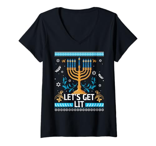 Damen Let's Get Lit Happy Chanukkah Menora Ugly Christmas T-Shirt mit V-Ausschnitt Damen Let's Get Lit Happy Chanukkah Menora Ugly Christmas T-Shirt mit V-Ausschnitt von Hanukkah Ugly Christmas December Gift For Jews