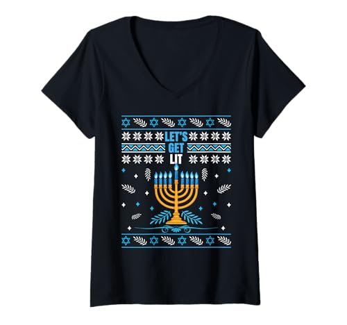 Damen Let's Get Lit Menora Ugly Christmas Happy Chanukka T-Shirt mit V-Ausschnitt Damen Let's Get Lit Menora Ugly Christmas Happy Chanukka T-Shirt mit V-Ausschnitt von Hanukkah Ugly Christmas December Gift For Jews