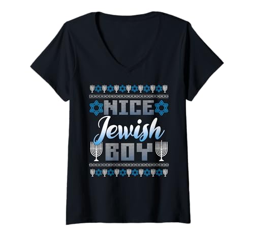 Damen Nice Jewish Boy Funny Chanukka Menora Ugly Christmas T-Shirt mit V-Ausschnitt Damen Nice Jewish Boy Funny Chanukka Menora Ugly Christmas T-Shirt mit V-Ausschnitt von Hanukkah Ugly Christmas December Gift For Jews
