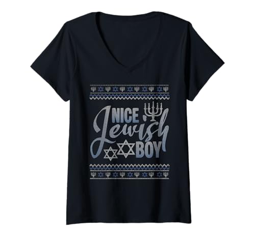 Damen Nice Jewish Boy Menora Ugly Christmas Happy Chanukka T-Shirt mit V-Ausschnitt Damen Nice Jewish Boy Menora Ugly Christmas Happy Chanukka T-Shirt mit V-Ausschnitt von Hanukkah Ugly Christmas December Gift For Jews