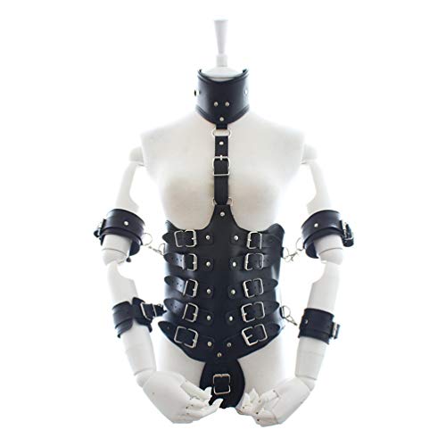 Hanyi Kunstleder Damen Body Harness mit Leder Handschellen Einstellbar Fetisch Offene Korsett Brust Körperharness SM Bondageset (Schwarz) von Hanyi