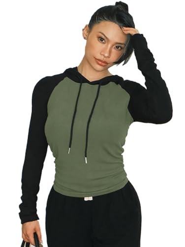 Damen Fitness Hoodies Langarm Pullover Rippstrick Sweatshirts Workout Laufen Oberteile Sportshirts Grün/Schwarz L von Hanyomo