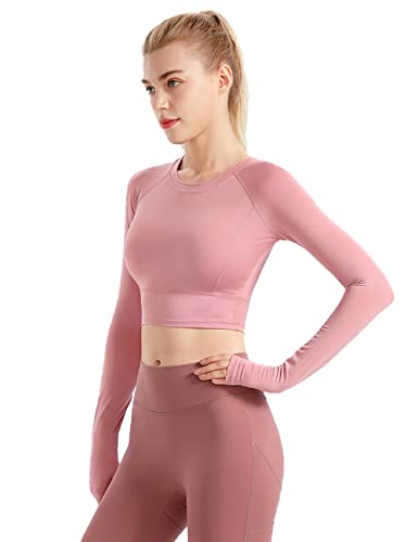 Damen Fitness Nahtlos Langarm Crop Tops Training Yoga Fitnessraum Laufend Daumenloch Hemden Rosa M von Hanyomo