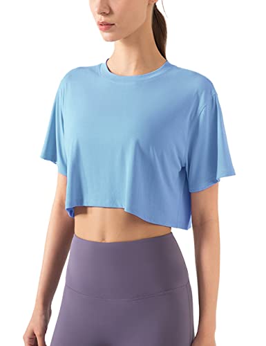 Damen Fitness Trainieren Crop-Tops Kurzarm Yoga T-Shirts Sportlich Betrieb Sport-Shirts Hellblau XL von Hanyomo