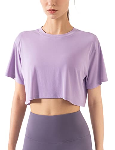 Damen Fitness Trainieren Crop-Tops Kurzarm Yoga T-Shirts Sportlich Betrieb Sport-Shirts Helles Lila M von Hanyomo