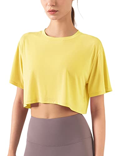 Damen Fitness Trainieren Crop-Tops Kurzarm Yoga T-Shirts Sportlich Betrieb Sport-Shirts Hellgelb M von Hanyomo