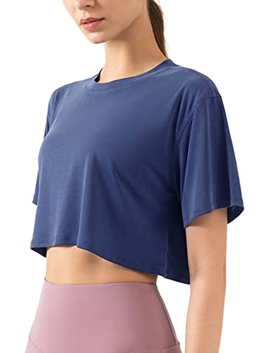 Damen Fitness Trainieren Crop-Tops Kurzarm Yoga T-Shirts Sportlich Betrieb Sport-Shirts Navy blau M von Hanyomo