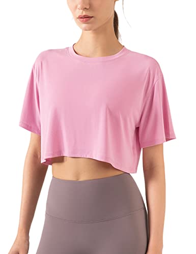 Damen Fitness Trainieren Crop-Tops Kurzarm Yoga T-Shirts Sportlich Betrieb Sport-Shirts Rosa L von Hanyomo