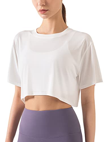 Damen Fitness Trainieren Crop-Tops Kurzarm Yoga T-Shirts Sportlich Betrieb Sport-Shirts Weiß L von Hanyomo