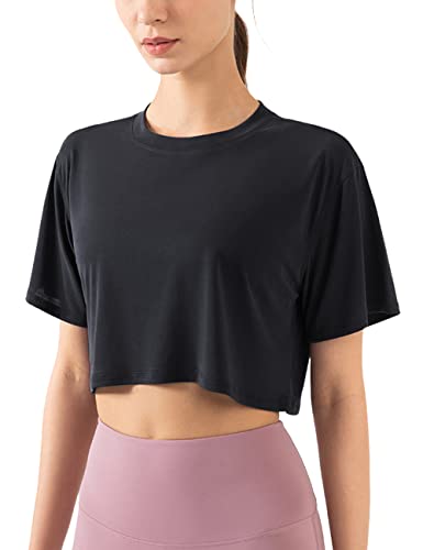 Damen Fitness Workout Crop Tops Kurzarm Yoga T-Shirts Athletic Laufen Sport Shirts, schwarz, Mittel von Hanyomo