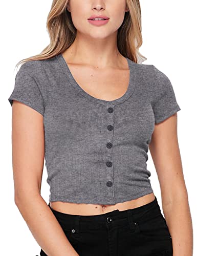 Damen Kurzarm Rundhals Rippstrick Sexy T-Shirt Crop-Tops Grau L von Hanyomo