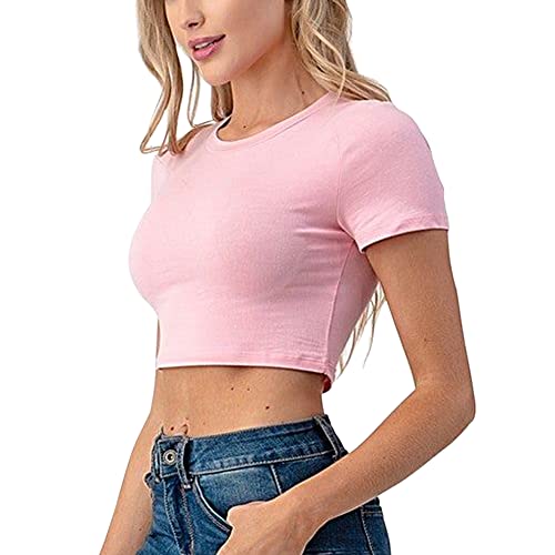 Damen Sport Fitness Basic Kurzarm T-Shirts Kompression Betrieb Yoga Crop Tops Rosa XL von Hanyomo