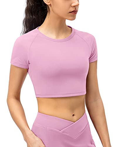 Damen Sport Fitness Workout Basic Kurzarm T-Shirts Kompression Betrieb Yoga Crop Tops Rosa L von Hanyomo