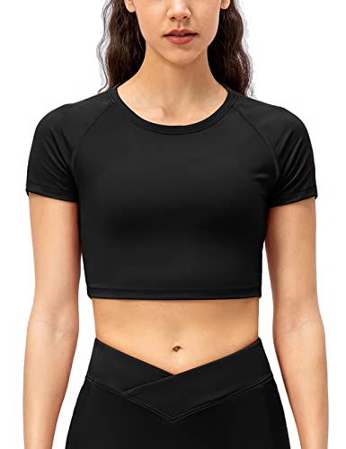 Damen Sport Fitness Workout Basic Kurzarm T-Shirts Kompression Betrieb Yoga Crop Tops Schwarz L von Hanyomo