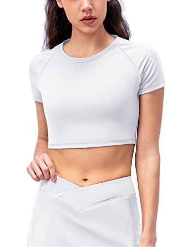 Damen Sport Fitness Workout Basic Kurzarm T-Shirts Kompression Betrieb Yoga Crop Tops Weiß L von Hanyomo