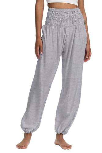 Damen Yoga Haremshose Hohe Taille Mit Tasche Fitness Hose Baumwolle Lockere Workout Jogginghose Hellgrau M von Hanyomo