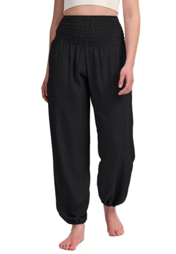 Damen Yoga Haremshose Hohe Taille Mit Tasche Fitness Hose Baumwolle Lockere Workout Jogginghose Schwarz S von Hanyomo