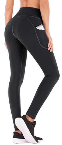 Damen Yoga Hose Hoch tailliert Trainieren Gamaschen mit Taschen Fitness Leggings Schwarz L von Hanyomo