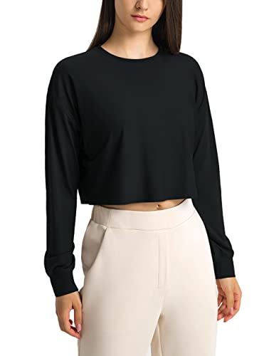 Frauen Langarmshirts Crop Tops Trainieren Sportlich Fitness Shirts Sweatshirts Lockere Passform Schwarz S von Hanyomo