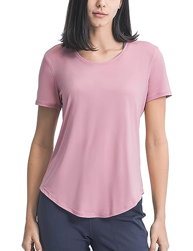 Frauen Yoga Trainieren Kurzarm T-Shirt Sportlich Betrieb T-Stück Spitze Fitness Leicht Rundhalsausschnitt Hemden Rosa M von Hanyomo